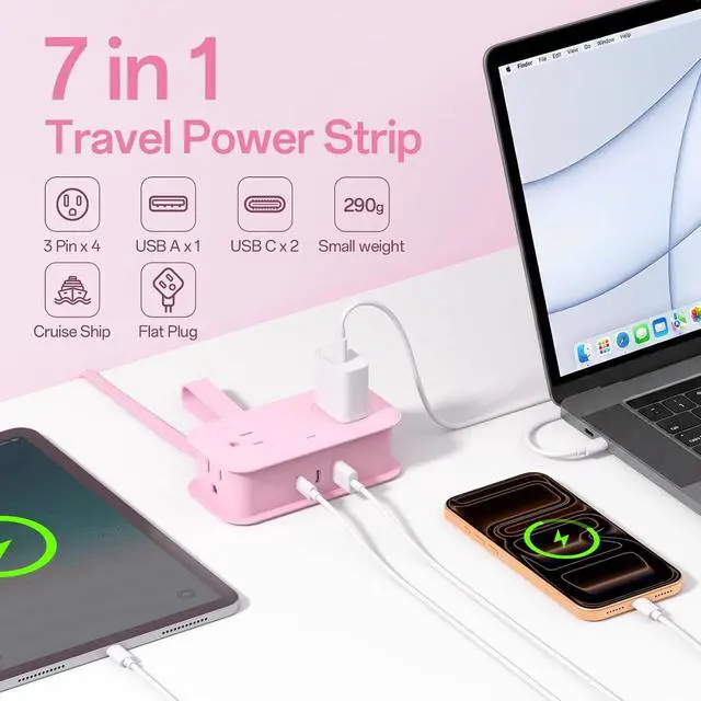 Alt view image 2 of 7 - Travel Power Strip, Extension Cord with Multiple Outlets, 6.5FT Wrapped Extension Flat Plug Power Strip with 4 AC Outlets for Travel, Hotel, Cruise Approved, No Surge Protection, Pink