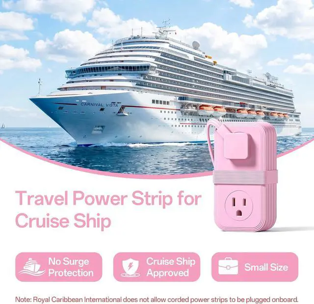 Alt view image 3 of 7 - Travel Power Strip, Extension Cord with Multiple Outlets, 6.5FT Wrapped Extension Flat Plug Power Strip with 4 AC Outlets for Travel, Hotel, Cruise Approved, No Surge Protection, Pink