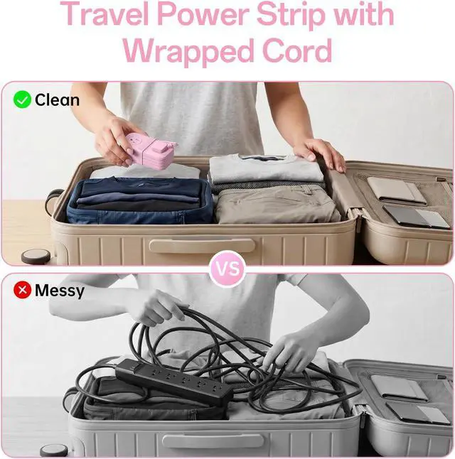 Alt view image 7 of 7 - Travel Power Strip, Extension Cord with Multiple Outlets, 6.5FT Wrapped Extension Flat Plug Power Strip with 4 AC Outlets for Travel, Hotel, Cruise Approved, No Surge Protection, Pink