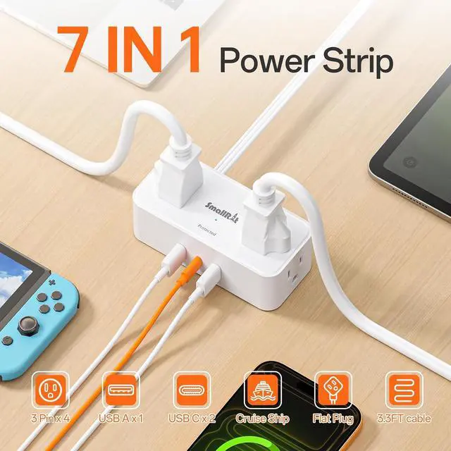 Alt view image 2 of 7 - Power Strip with USB, 2 Pcs Flat Extension Cord with Multiple Outlets3.3FT Flat Plug Power Bar with 4 Outlet Extender for Travel, Hotel, Dorm, Cruise Eessentials, No Surge Protection, White