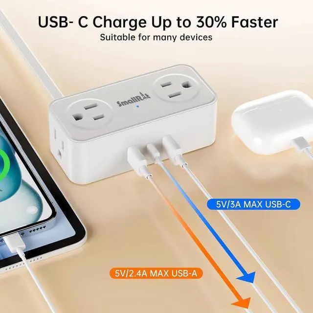 Alt view image 3 of 7 - Power Strip with USB, 2 Pcs Flat Extension Cord with Multiple Outlets3.3FT Flat Plug Power Bar with 4 Outlet Extender for Travel, Hotel, Dorm, Cruise Eessentials, No Surge Protection, White