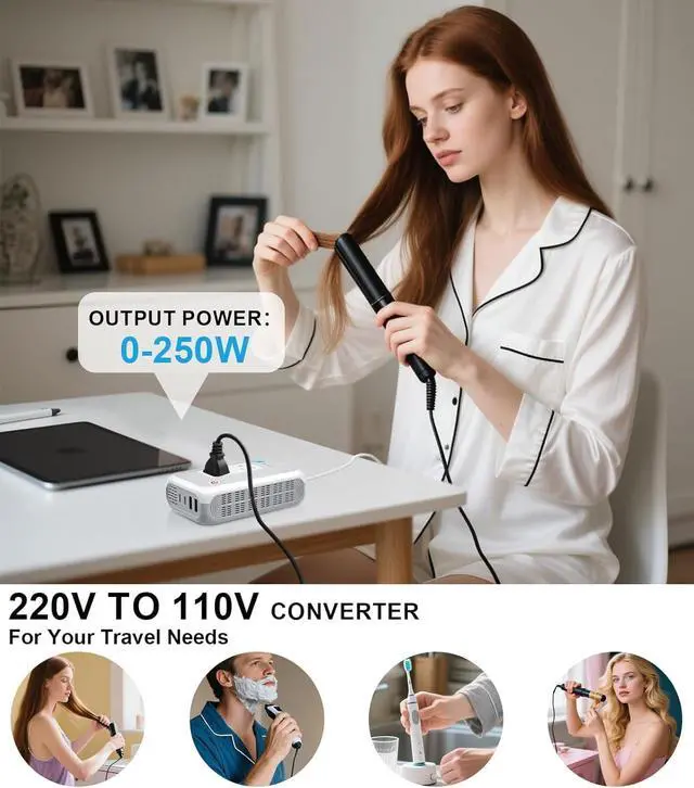 Alt view image 2 of 7 - Voltage Converter US to Europe for Curling Iron and Hair Straighteners, 220V to 110V Converter for European Travel Plug Adapter with 2 USB A & 2 USB C Ports (White)