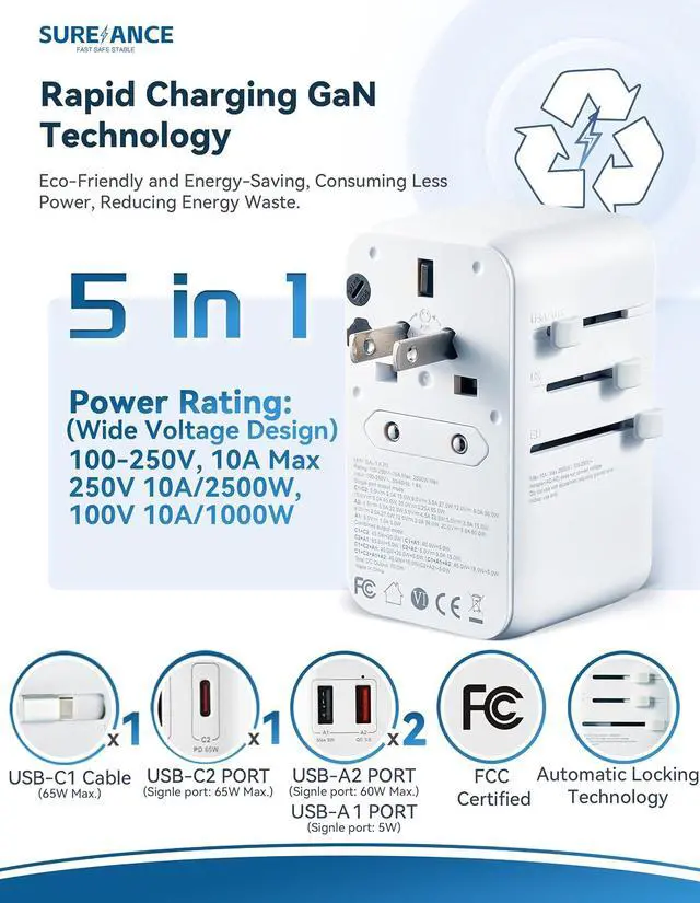 Alt view image 3 of 7 - 70W Universal Travel Adapter, Plug Adapter with One 65W Fast Charging USB C Cable, 1XUSB-C PD & 2XUSB-A QC, Best Gift Travel Essentials with Type A, C, G, I,J,D Outputs for Europe, Spain