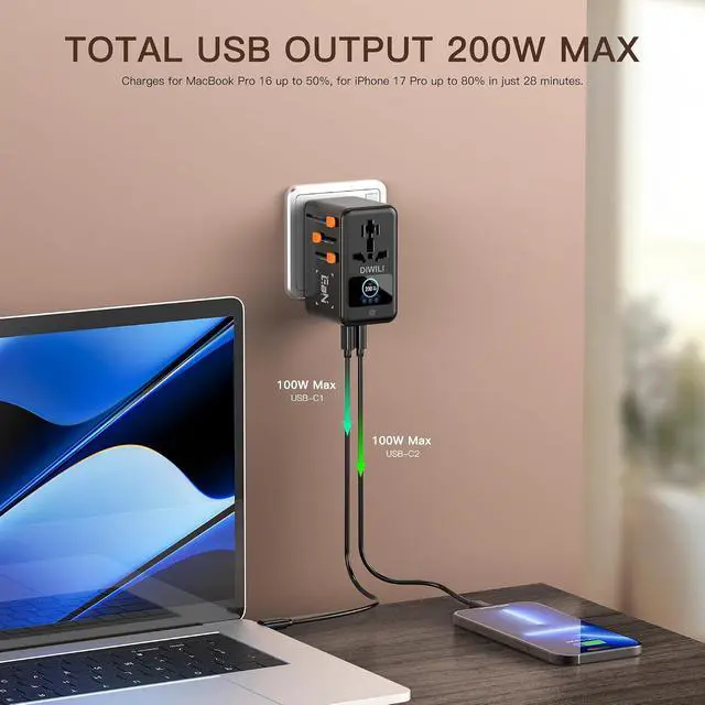 Alt view image 4 of 7 - 200W GaN Universal Travel Adapter with Smart Display, International Power Adapter with 3 USB-C & 1 USB-A Charging Ports, Travel Plug Adapter Worldwide for US to European UK AUS Ireland
