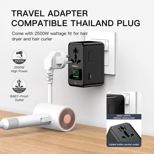 Alt view image 7 of 7 - 200W GaN Universal Travel Adapter with Smart Display, International Power Adapter with 3 USB-C & 1 USB-A Charging Ports, Travel Plug Adapter Worldwide for US to European UK AUS Ireland