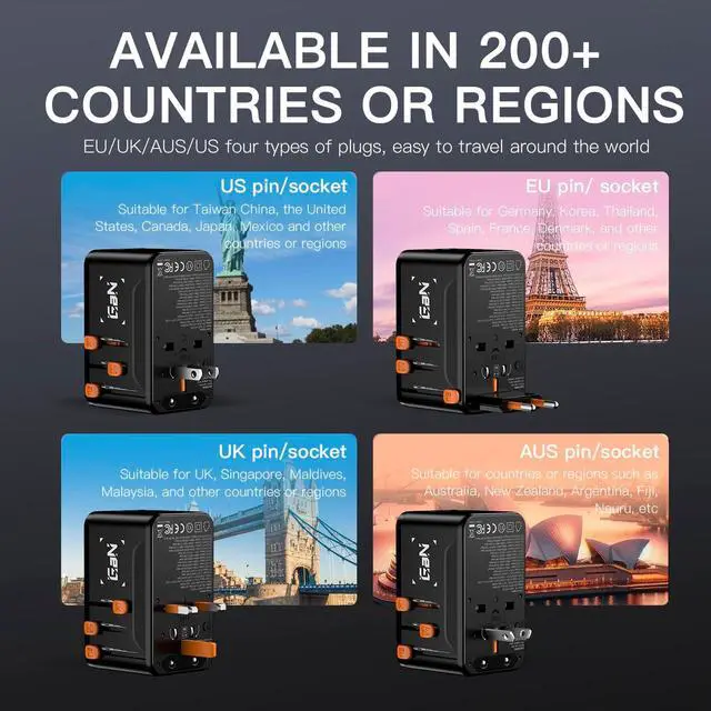 Alt view image 6 of 7 - 200W GaN Universal Travel Adapter with Smart Display, International Power Adapter with 3 USB-C & 1 USB-A Charging Ports, Travel Plug Adapter Worldwide for US to European UK AUS Ireland