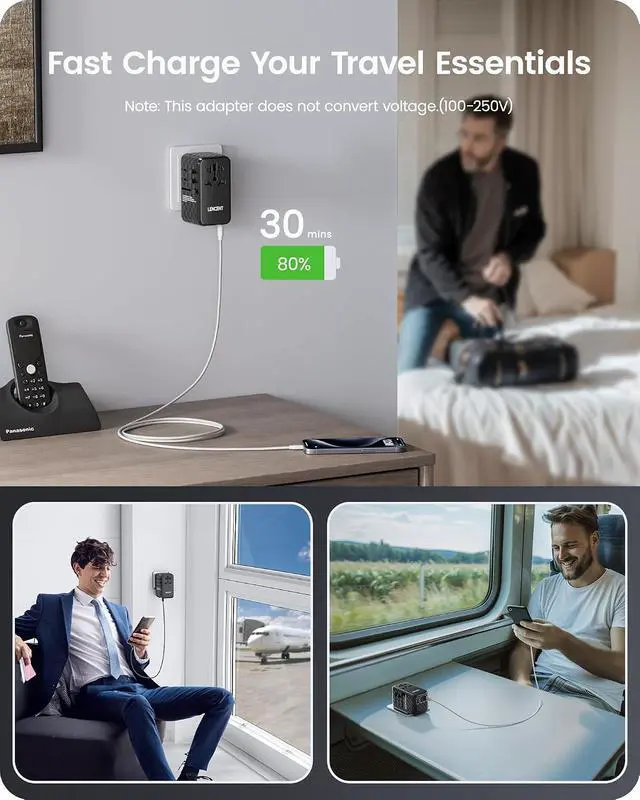 Alt view image 6 of 7 - 140W International Travel Adapter, GaN Universal Travel Adapter with 1 USB-A & 3 Type C Power Adapter, Fast Charger for Phone,Laptops, Worldwide Plug Adapter for USA/UK/EU/AUS, Black