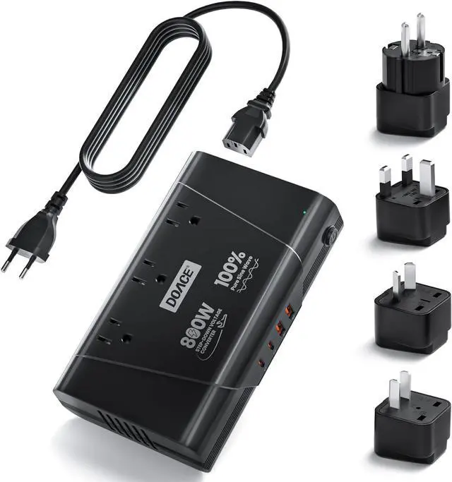 Main image of Universal Travel Adapter: 220V to 110V Pure Sine Wave, EU Step-Down Transformer for 200+ Countries, 3 Outlets & 4 USB, Compatible with Phones, Hair Straighteners (Black, 800w)