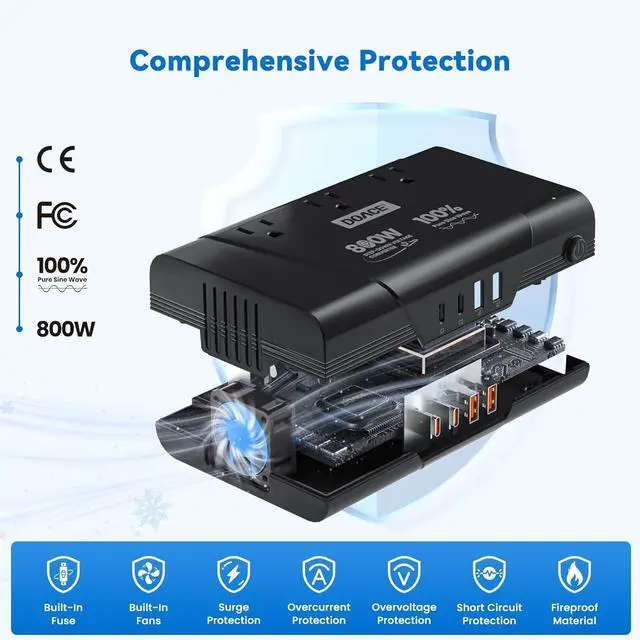 Alt view image 7 of 7 - Universal Travel Adapter: 220V to 110V Pure Sine Wave, EU Step-Down Transformer for 200+ Countries, 3 Outlets & 4 USB, Compatible with Phones, Hair Straighteners (Black, 800w)