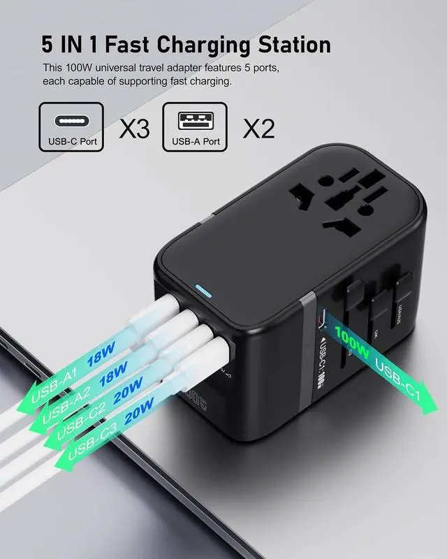 Alt view image 5 of 7 - 100W GaN Universal Travel Adapter International Power Adapter, with 5 USB(3 USB C) Charging Ports European Travel Plug Worldwide for US to Europe UK, EU, AU (Type C/G/A/I) Outlet Wall Charger