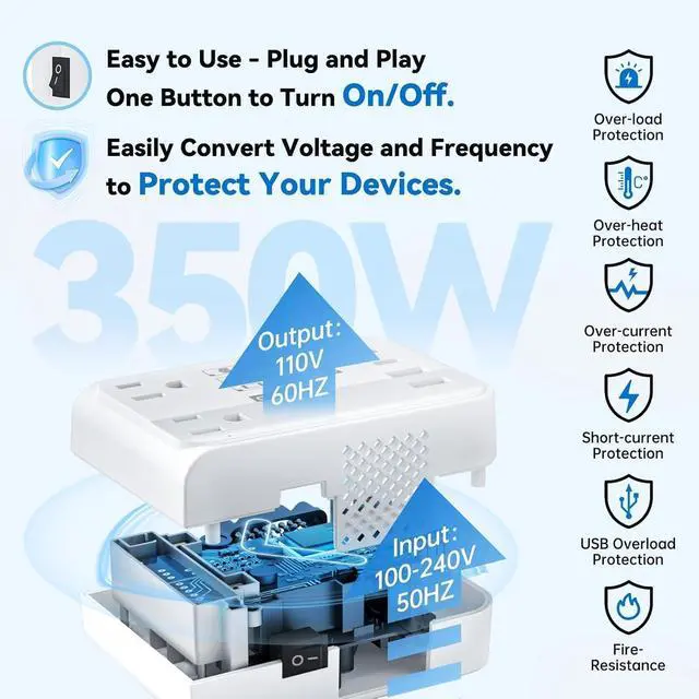Alt view image 2 of 7 - 350W Travel Voltage Converter US to Europe 220V to 110V Converter for Curling Iron Straightener Converter for European Travel 4 USB Charging Universal Power Plug Adapter UK/AU/US/EU, White