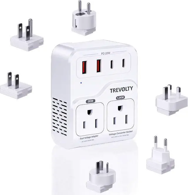 Main image of 2000W Voltage Converter US to Europe for Hair Dryers, 7-in-1 220V to 110V Converter for European Travel with 3 AC/2 USBA/2 USBC Ports (PD20W), European Travel Adapter (White)