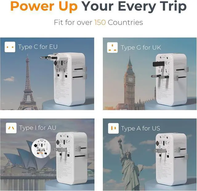 Alt view image 2 of 7 - Universal Travel Adapter 70W, Ultra Thin International Power Adapter with 4 USB Ports (3 USB C), Worldwide Plug Adaptor for US to European UK Australia Spain France Ireland (Type C G A I)