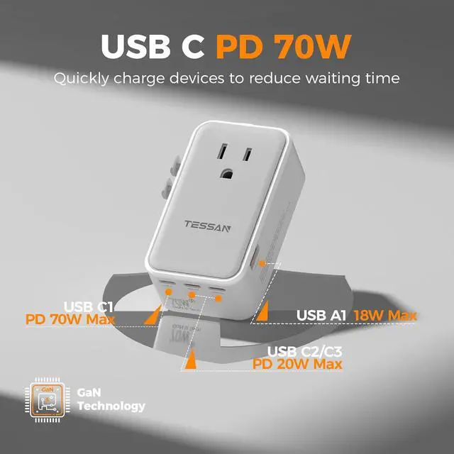 Alt view image 3 of 7 - Universal Travel Adapter 70W, Ultra Thin International Power Adapter with 4 USB Ports (3 USB C), Worldwide Plug Adaptor for US to European UK Australia Spain France Ireland (Type C G A I)