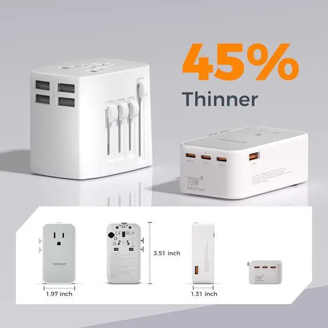 Alt view image 5 of 7 - Universal Travel Adapter 70W, Ultra Thin International Power Adapter with 4 USB Ports (3 USB C), Worldwide Plug Adaptor for US to European UK Australia Spain France Ireland (Type C G A I)