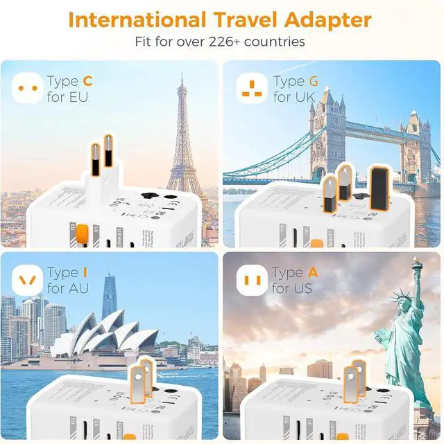 Alt view image 2 of 6 - Universal Travel Adapter, 65W GaN International Plug Adaptor with 4 USB(2 USB C) Charging Ports, Worldwide Power Outlet for US to European EU UK AUS Ireland(Type C/G/A/I)