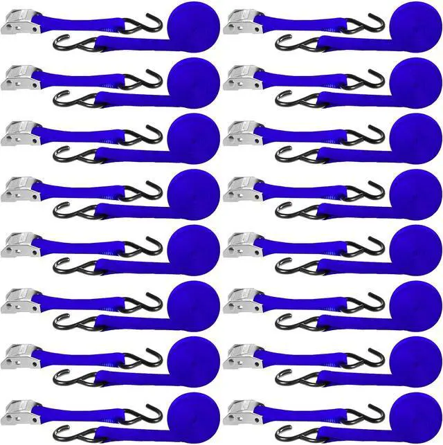 Main image of 16 Pcs Cambuckle Tie Down Straps 1763lbs Break Strength Securing Straps 1'' x 15 ft Cambuckle Tie Downs with S Hook for Motorcycle, Kayak, Car, Truck, Boat Moving, Securing Cargo (Blue)