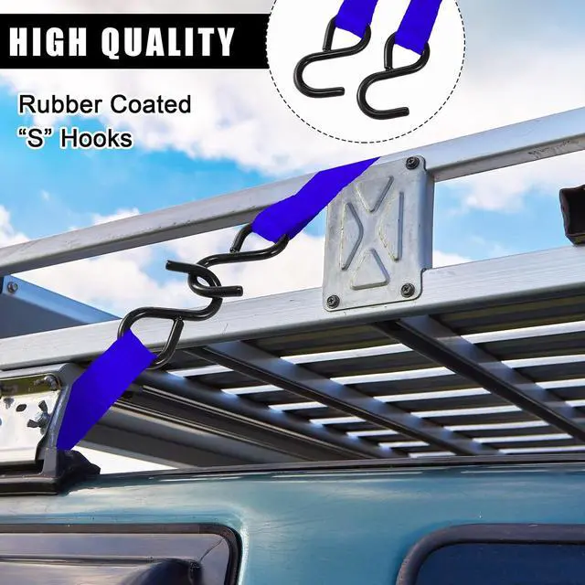 Alt view image 5 of 6 - 16 Pcs Cambuckle Tie Down Straps 1763lbs Break Strength Securing Straps 1'' x 15 ft Cambuckle Tie Downs with S Hook for Motorcycle, Kayak, Car, Truck, Boat Moving, Securing Cargo (Blue)