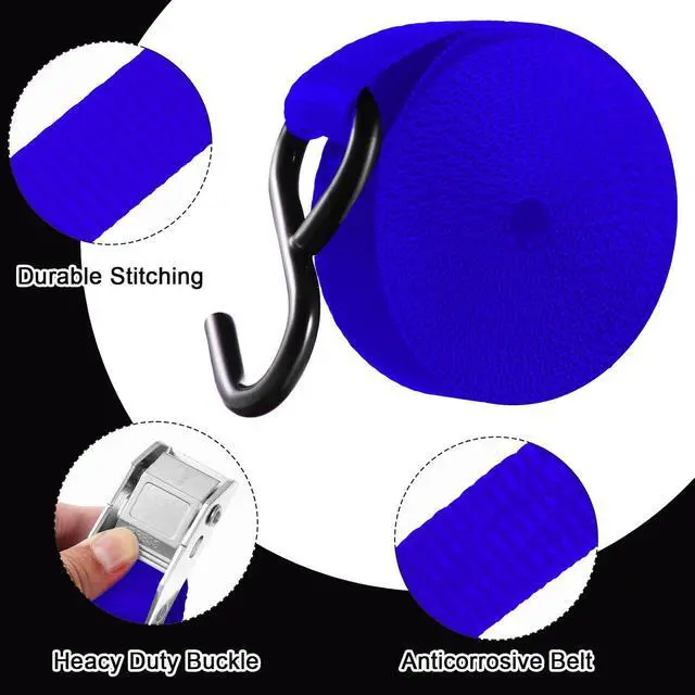 Alt view image 3 of 6 - 16 Pcs Cambuckle Tie Down Straps 1763lbs Break Strength Securing Straps 1'' x 15 ft Cambuckle Tie Downs with S Hook for Motorcycle, Kayak, Car, Truck, Boat Moving, Securing Cargo (Blue)