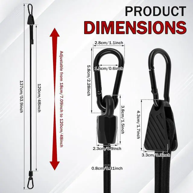 Alt view image 2 of 7 - 16 Pack 48 Inch Adjustable Bungee Cords with Hooks, Carabiner Bungee Cord Heavy Duty Outdoor, Easy to Adjust from 7" to 48", Black Super Elastic Bungee Straps for Cargo, Bike, Luggage, Camping, Tents