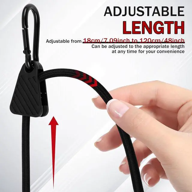 Alt view image 3 of 7 - 16 Pack 48 Inch Adjustable Bungee Cords with Hooks, Carabiner Bungee Cord Heavy Duty Outdoor, Easy to Adjust from 7" to 48", Black Super Elastic Bungee Straps for Cargo, Bike, Luggage, Camping, Tents