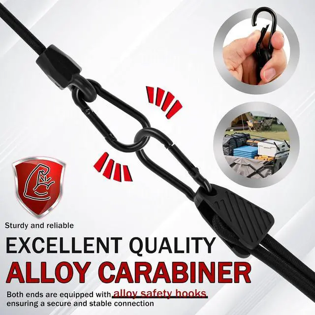 Alt view image 4 of 7 - 16 Pack 48 Inch Adjustable Bungee Cords with Hooks, Carabiner Bungee Cord Heavy Duty Outdoor, Easy to Adjust from 7" to 48", Black Super Elastic Bungee Straps for Cargo, Bike, Luggage, Camping, Tents