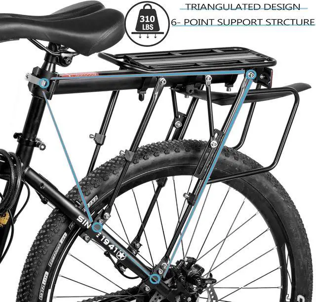 Alt view image 3 of 7 - Rear Bike Rack,310 LB Capacity Solid Bearings Bike Cargo Rack w/Fender & Large Size Reflective,Quick Release Mountain Road Bicycle Rear Racks,Universal Bike Luggage Touring Carrier Rack,
