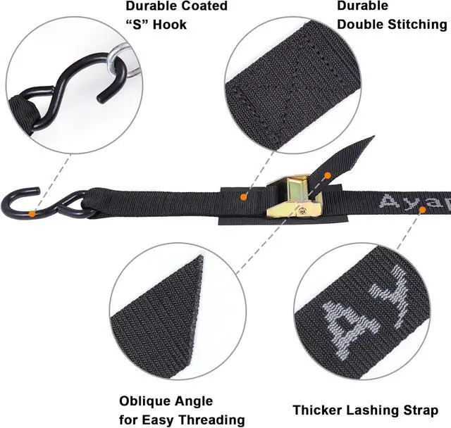 Alt view image 2 of 6 - Cam Buckle Tie Down Straps 8 feet 3000lbs Break Strength Securing Straps with S Hooks for Motorcycle, Kayak, Car, Truck, Dirt Bike