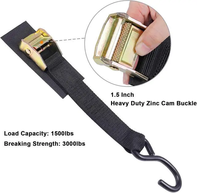 Alt view image 3 of 6 - Cam Buckle Tie Down Straps 8 feet 3000lbs Break Strength Securing Straps with S Hooks for Motorcycle, Kayak, Car, Truck, Dirt Bike