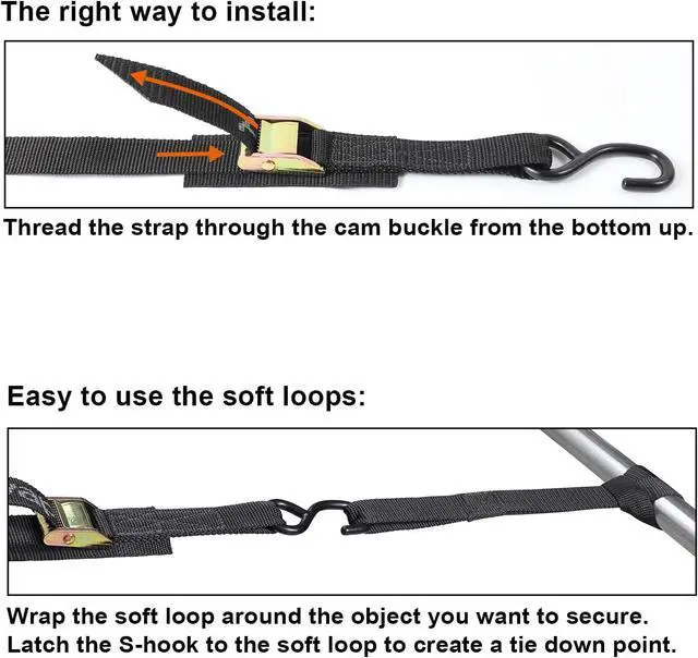 Alt view image 6 of 6 - Cam Buckle Tie Down Straps 8 feet 3000lbs Break Strength Securing Straps with S Hooks for Motorcycle, Kayak, Car, Truck, Dirt Bike
