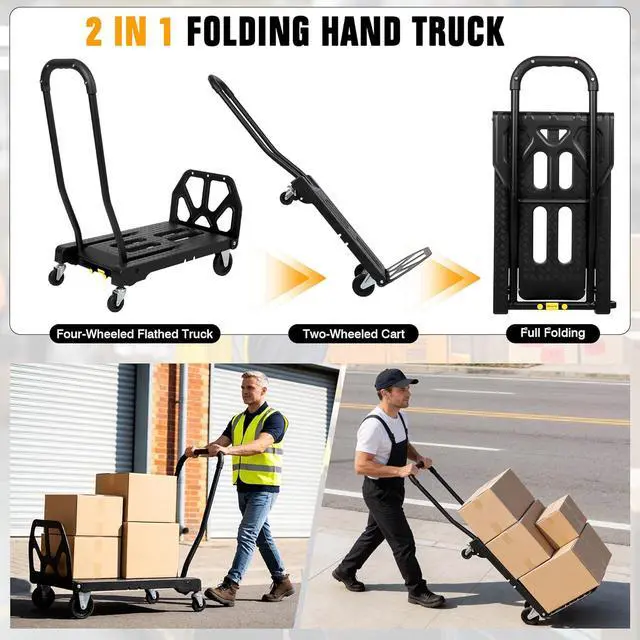Alt view image 3 of 7 - Folding Hand Truck with 4-Wheel Mode, 2 in 1 Collapsible Push Cart & Fold-Up Toe Plate 300lbs Heavy Duty Dolly Pull Cart with Wheels Portable Hand Truck for delivery, Warehouse & Moving