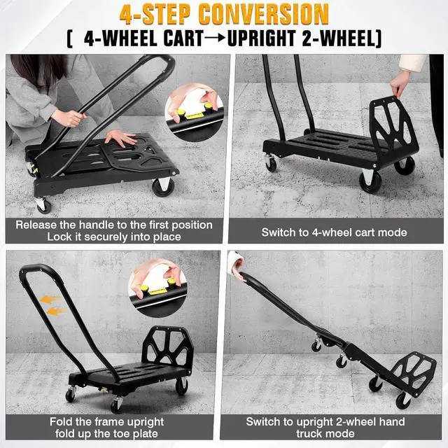 Alt view image 4 of 7 - Folding Hand Truck with 4-Wheel Mode, 2 in 1 Collapsible Push Cart & Fold-Up Toe Plate 300lbs Heavy Duty Dolly Pull Cart with Wheels Portable Hand Truck for delivery, Warehouse & Moving