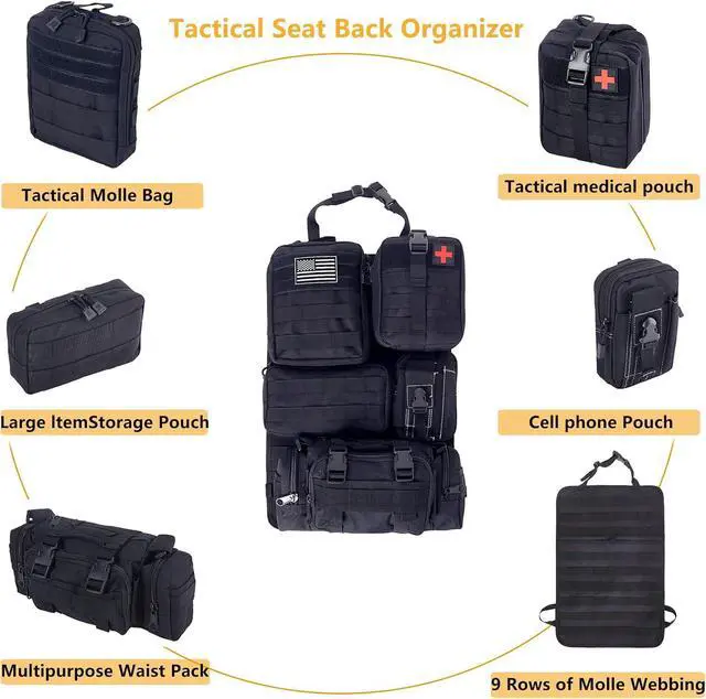 Alt view image 2 of 7 - tactical car seat back organizer and storage truck seat covers with a Molle Vehicle Panel and 5 Different Size Molle Pouches for most models such as Jeep,SUV,Pickup(Black)