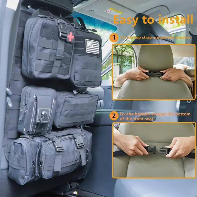 Alt view image 4 of 7 - tactical car seat back organizer and storage truck seat covers with a Molle Vehicle Panel and 5 Different Size Molle Pouches for most models such as Jeep,SUV,Pickup(Black)
