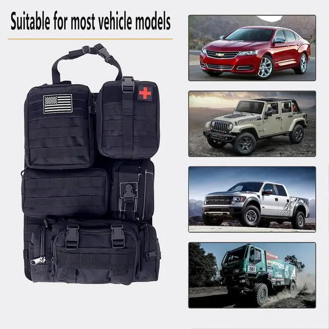 Alt view image 5 of 7 - tactical car seat back organizer and storage truck seat covers with a Molle Vehicle Panel and 5 Different Size Molle Pouches for most models such as Jeep,SUV,Pickup(Black)