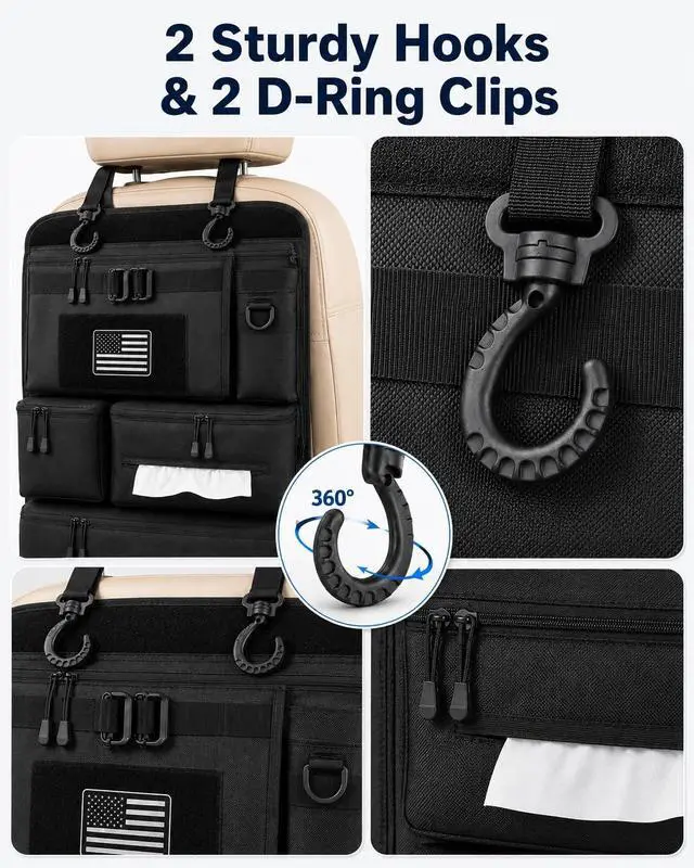 Alt view image 3 of 7 - Backseat Car Organizer, Heavy Duty Tactical MOLLE Car Seat Back Organizer with 6 Pockets, 2 Sturdy Hooks, 2 D-Ring Clips, US Flag Patch & Hook Loop Panel, Universal Fit for Car SUV Truck Jeep Ford