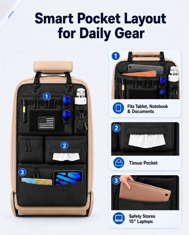 Alt view image 4 of 7 - Backseat Car Organizer, Heavy Duty Tactical MOLLE Car Seat Back Organizer with 6 Pockets, 2 Sturdy Hooks, 2 D-Ring Clips, US Flag Patch & Hook Loop Panel, Universal Fit for Car SUV Truck Jeep Ford