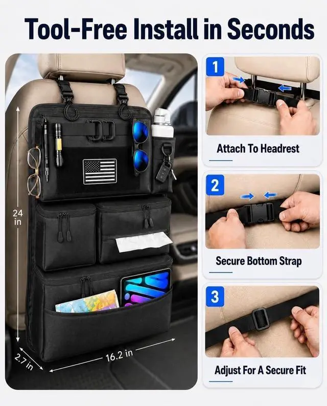 Alt view image 5 of 7 - Backseat Car Organizer, Heavy Duty Tactical MOLLE Car Seat Back Organizer with 6 Pockets, 2 Sturdy Hooks, 2 D-Ring Clips, US Flag Patch & Hook Loop Panel, Universal Fit for Car SUV Truck Jeep Ford