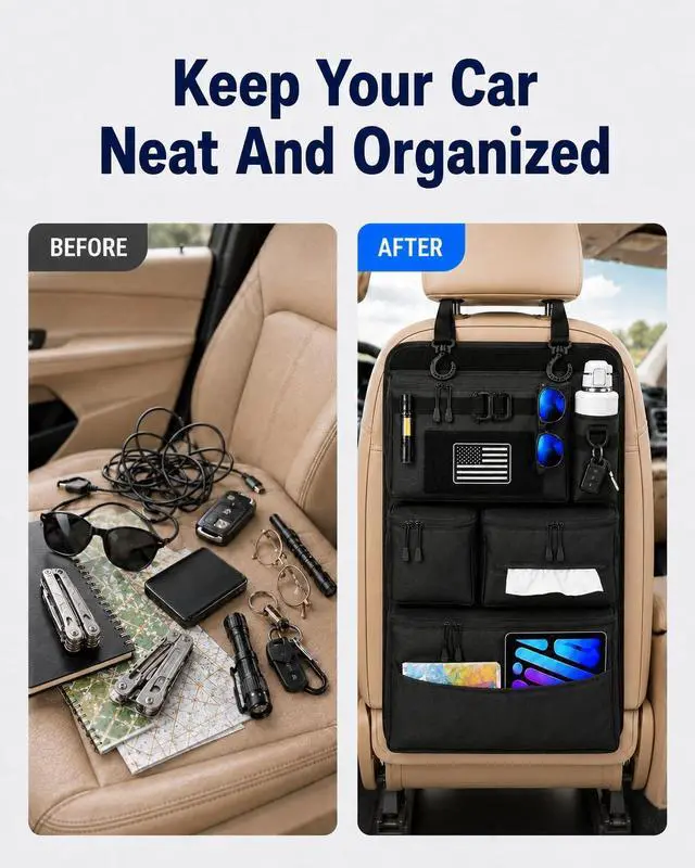 Alt view image 6 of 7 - Backseat Car Organizer, Heavy Duty Tactical MOLLE Car Seat Back Organizer with 6 Pockets, 2 Sturdy Hooks, 2 D-Ring Clips, US Flag Patch & Hook Loop Panel, Universal Fit for Car SUV Truck Jeep Ford
