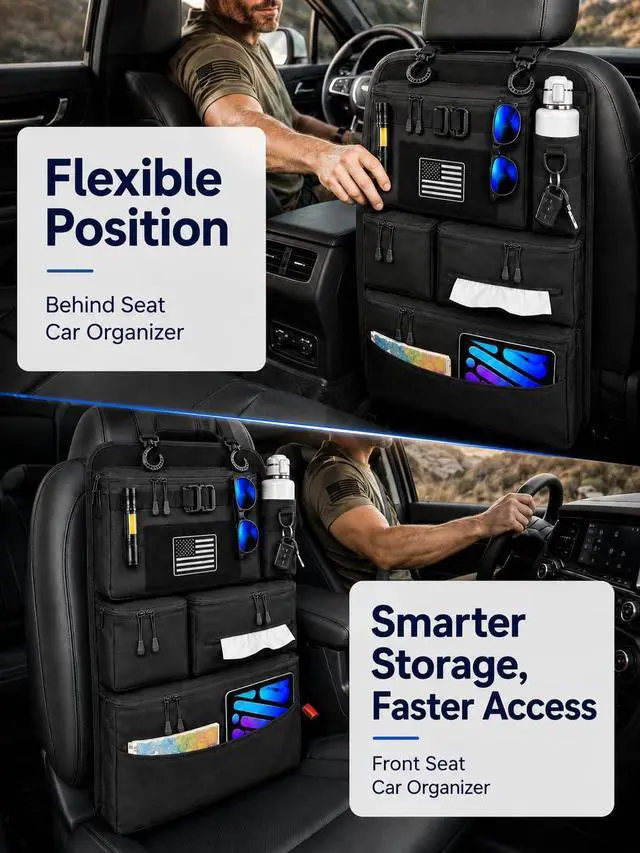 Alt view image 7 of 7 - Backseat Car Organizer, Heavy Duty Tactical MOLLE Car Seat Back Organizer with 6 Pockets, 2 Sturdy Hooks, 2 D-Ring Clips, US Flag Patch & Hook Loop Panel, Universal Fit for Car SUV Truck Jeep Ford