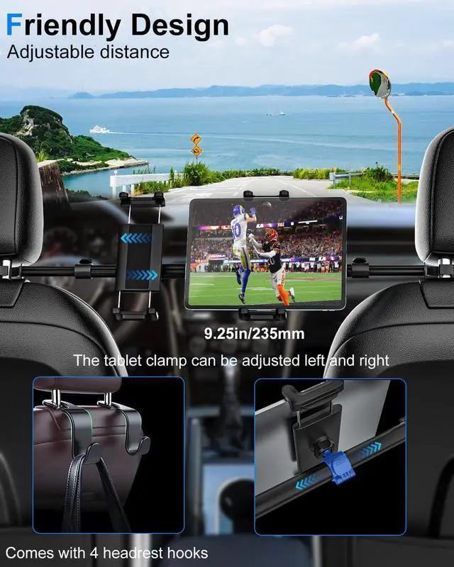 Alt view image 2 of 6 - Tablet Holder for Car Headrest with 4 Headrest Hooks, Car Tablet Mount Back Seat for Kids Fit 4-13" Tablets & Phones, ipad Car Holder Back Seat for iPad Pro 12.9, Air, Mini, Galaxy, Fire