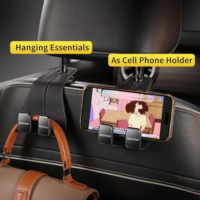 Alt view image 2 of 7 - Wide Purse Hook for Car, Twin Hook Leather Car Headrest Hangers, Car Seat Back Storage Hook, Headrest Hooks Purse Bag Holder for Car Universal Fit Sedan Trucks SUVs Most Vehicles (Black-4PCS)