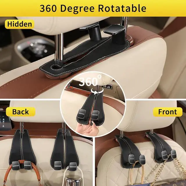 Alt view image 3 of 7 - Wide Purse Hook for Car, Twin Hook Leather Car Headrest Hangers, Car Seat Back Storage Hook, Headrest Hooks Purse Bag Holder for Car Universal Fit Sedan Trucks SUVs Most Vehicles (Black-4PCS)