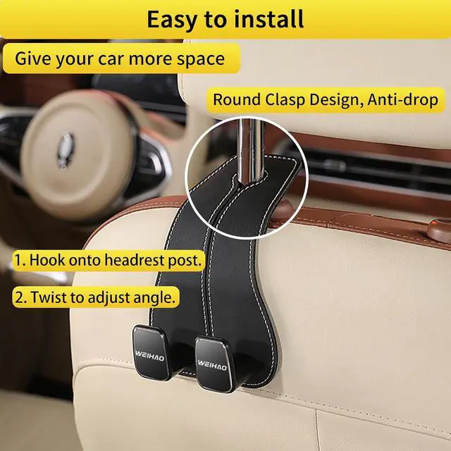 Alt view image 5 of 7 - Wide Purse Hook for Car, Twin Hook Leather Car Headrest Hangers, Car Seat Back Storage Hook, Headrest Hooks Purse Bag Holder for Car Universal Fit Sedan Trucks SUVs Most Vehicles (Black-4PCS)