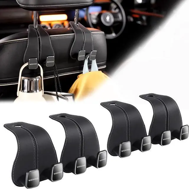 Main image of Wide Purse Hook for Car, Twin Hook Leather Car Headrest Hangers, Car Seat Back Storage Hook, Headrest Hooks Purse Bag Holder for Car Universal Fit Sedan Trucks SUVs Most Vehicles (Black-4PCS)