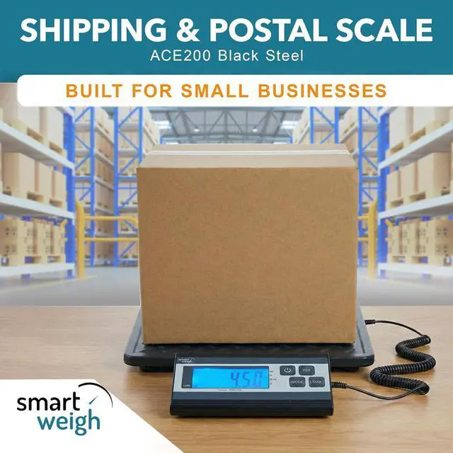 Alt view image 2 of 7 - Digital Postal Shipping Scale, 440 lb Capacity, 1 oz Readability, Tare Function, Battery or USB-C Power, Corded Display, Stainless Steel Large Platform, Black