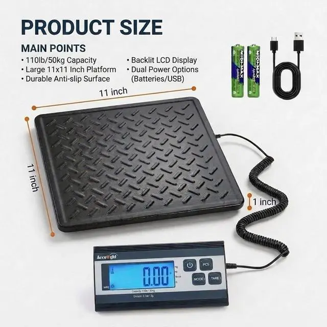 Alt view image 4 of 7 - Digital Postal Shipping Scale, 440 lb Capacity, 1 oz Readability, Tare Function, Battery or USB-C Power, Corded Display, Stainless Steel Large Platform, Black
