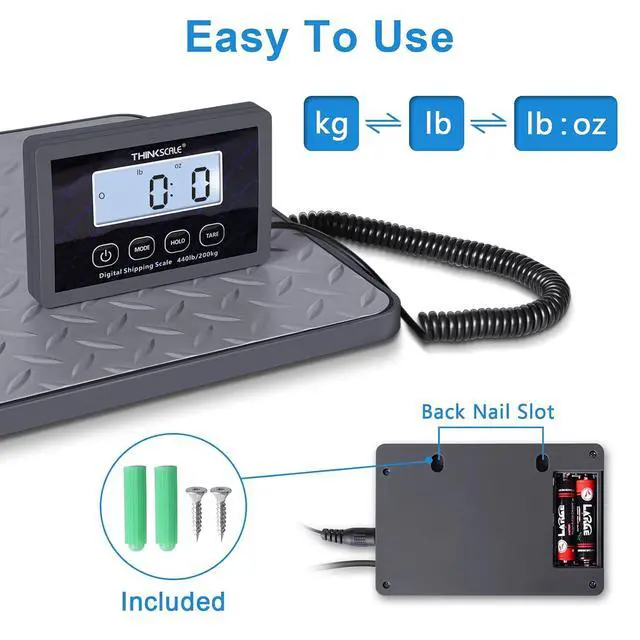 Alt view image 4 of 7 - Shipping Scale, 440 lbs/1 oz Highly Accurate Postal Scale with Hold/Tare/LCD Display, Lightweight Digital Postage Scale for Packages/Luggage/Post Office/Dog, Battery & AC Adapter Included
