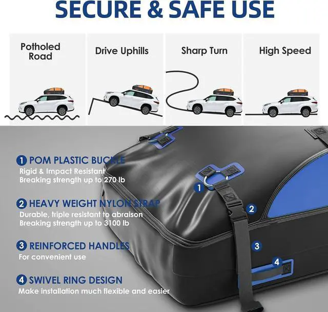 Alt view image 5 of 7 - Car Rooftop Cargo Carrier Bag 20 Cubic Feet, 100% Waterproof Roof Bag Top Luggage Carrier for Any Vehicles with/without Rack Cross Bar, Includes Anti-Slip Mat +4 Door Hooks +Storage Bag +Lock