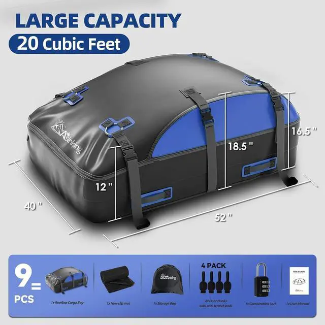 Alt view image 4 of 7 - Car Rooftop Cargo Carrier Bag 20 Cubic Feet, 100% Waterproof Roof Bag Top Luggage Carrier for Any Vehicles with/without Rack Cross Bar, Includes Anti-Slip Mat +4 Door Hooks +Storage Bag +Lock